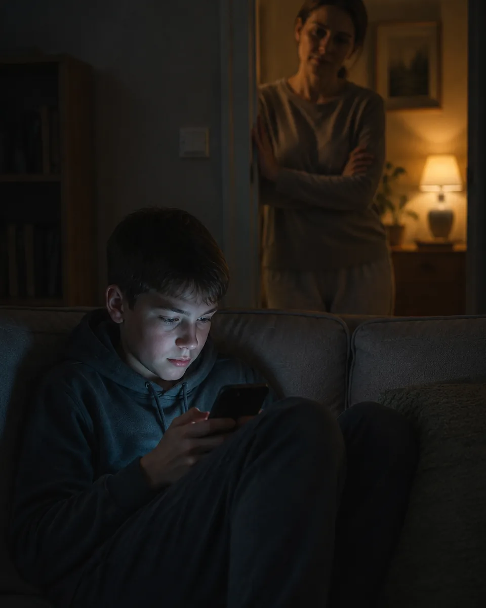 Child absorbed in a phone late in the evening while a parent watches from the doorway