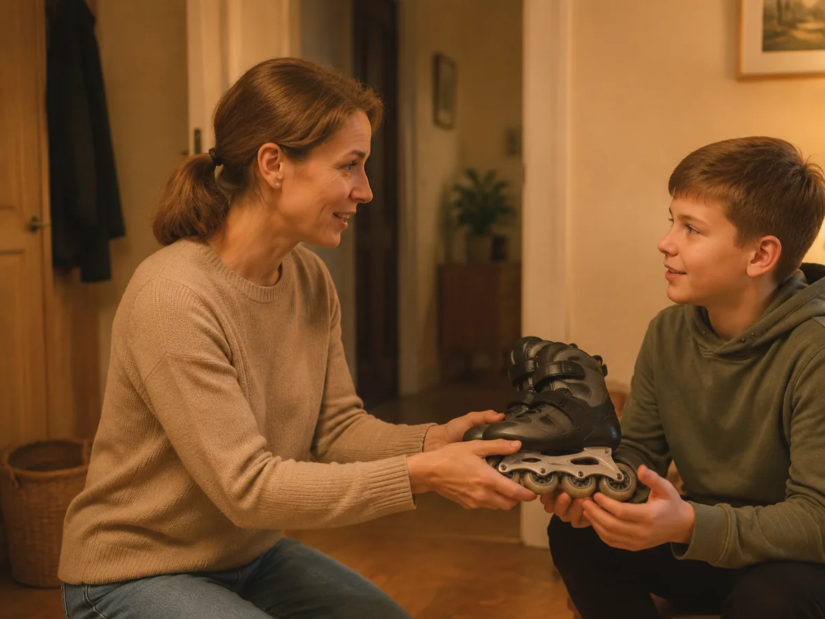 Parent handing a child the roller skates they saved up for